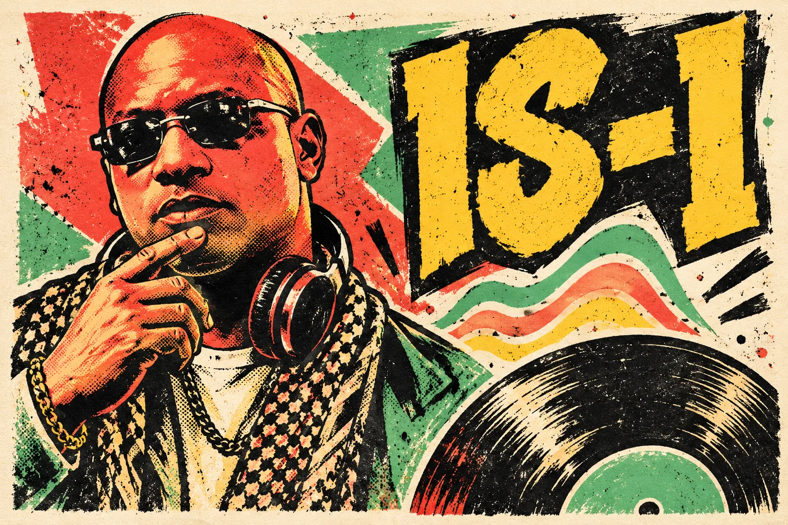 Hand-inked party-poster illustration of IS-I with sunglasses, headphones and a vinyl record in coral, yellow, mint and black